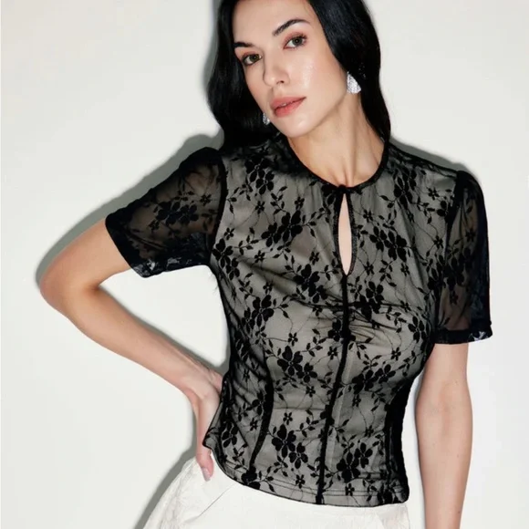 NWT RIHOAS Black Lace Slim Tee - Picture 1 of 4